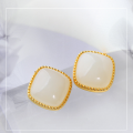 wholesale 925 silver retro Chinese-style minimalist square jade earrings with certificate, gold-plated inlaid with Hetian jade ear studs-0-0
