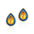 wholesale S925 Gold-Plated Enamel Amber Teardrop Earrings, Japanese Light Luxury Classic Colored Gemstone Studs for Students, Internet-Famous Jewelry-0-0