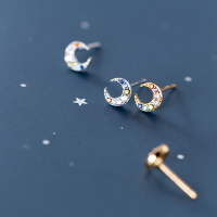 wholesale S925 Sterling Silver Korean Style Mini and Dainty Colored Diamond Crescent Moon Ear Studs Sweet and Elegant Student Earrings G4941-S925 silver pair silver model 925 silver
