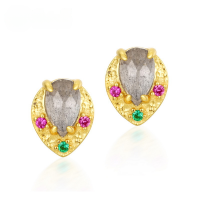 wholesale [Silver] Japanese lightweight luxury vintage natural labradorite leaf earrings, exquisite gemstone 925 silver earrings for women-Labradorite 925 Silver