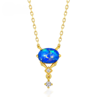 wholesale S925 silver plated with 9K gold Japanese light luxury vintage blue synthetic opal classical necklace for women, exquisite gemstone neck accessory-Synthetic Opal>925 Silver