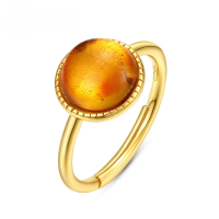 wholesale S925 Silver Minimalist Natural Amber Geometric Circle Open Ring Women's Gold-Plated Gemstone Fine Craft Jewelry Wholesale-Green moss Opening adjustable