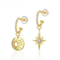wholesale Metal: 925 Sterling Silver Plated with 9K Gold European and American Style Star and Sun Zircon Asymmetric Stud Earrings for Women, Cross-Border Wholesale Ladies' Earrings-Zircon