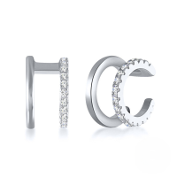 wholesale S925 Sterling Silver C-shaped Ear Cuffs With Double-line Geometric Design And Inlaid Crystals-Platinum