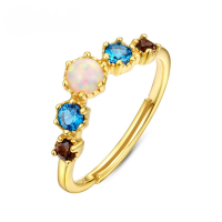 wholesale S925 silver plated with 9K gold Japanese lightweight luxury gemstone fine craftsmanship ring for women, set with natural smoky quartz and synthetic opal, openable ring-Opal>Adjustable opening