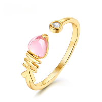 wholesale S925 Sterling Silver Japanese Light Luxury Cute Pink Crystal Small Fish Tail Adjustable Ring Niche Design Women's Jewelry Accessories-Rose quartz 9K gold plated
