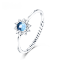 wholesale S925 Silver Plated with White Gold, European and American Style, Versatile and Combinable Sky Blue Topaz Sunflower Open Ring-Sky blue topaz platinum plated Adjustable opening