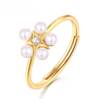 wholesale S925 silver plated with 9K gold, Japanese Korean style lightweight luxury geometric pentagram pearl ring for student internet-famous female-Shell beads Adjustable opening