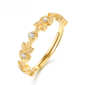 wholesale S925 silver jewelry, Japanese and Korean light luxury, clear leaf veins, olive branch leaf set with white zircon open adjustable ring-0-0