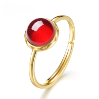wholesale 925 Silver Gold-Plated Minimalist Natural Mozambique Garnet Round Ring Japanese Mori Girl Style Geometric Finger Jewelry-Garnet>Opening adjustable