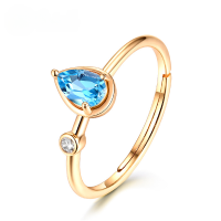 wholesale [9K gold plated S925 silver] Natural teardrop-shaped Swiss blue topaz and white zircon open ring European and American fashion statement ring-Swiss blue topaz plated with 9K gold