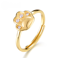 wholesale S925 Sterling Silver Korean Style Cute Cat Paw Design with White Zircon Open Adjustable Ring, Versatile Niche Wholesale-9K gold plated