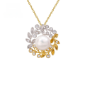 wholesale [9K Gold] Yili Jewelry Creative Personalized Two-Tone Floral Pearl Necklace for Women, Leaf-Enclosed Pendant Neckpiece-0-0