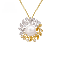 wholesale [9K Gold] Yili Jewelry Creative Personalized Two-Tone Floral Pearl Necklace for Women, Leaf-Enclosed Pendant Neckpiece-Two-tone Garland Pearl Pendant  9K Gold