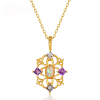 wholesale S925 silver retrostyle openwork pendant necklace with synthetic opal and labradorite-[Pendant] Without chain 925 silver