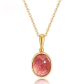 wholesale 925 silver plated with 9K gold, Korean and Japanese style candy-colored natural strawberry quartz pendant, minimalist geometric student necklace wholesale-0-0