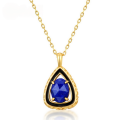 wholesale Pure Silver Blue Goldstone Drip Oil Vintage Floral Engraved Geometric Triangle Pendant Necklace for Women-0-0