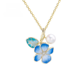 wholesale 9K gold Japanese-inspired luxury jewelry necklace with Shippo enamel, genuine gold, and natural pearl pendant, featuring an elegant floral charm-0-0