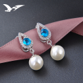 wholesale S925 Sterling Silver Fashion Pearl Jewelry, Teardrop Shape Inlaid with Diamond and Blue Zircon Earrings for Women, Factory Wholesale-0-1