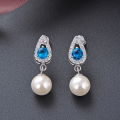 wholesale S925 Sterling Silver Fashion Pearl Jewelry, Teardrop Shape Inlaid with Diamond and Blue Zircon Earrings for Women, Factory Wholesale-0-3