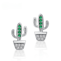 wholesale S925 Sterling Silver European and American Retro Style Unique Full-Diamond Cactus Earrings Fashion Trend Green Zircon Stud Earrings High-End Feel Wholesale-0-0