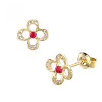 wholesale 9K Gold Art Li Jewelry Summer New Earrings Small Fresh Four-Leaf Clover Flower Ruby Ear Studs-Ruby + White Topaz Flower Earrings 9K Gold