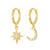 wholesale S925 Sterling Silver Asymmetric Star And Moon Ear Cuffs, Ins Style,-Gold