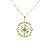 wholesale 9K Gold Vintage Openwork Compass Geometric Pendant Emerald Necklace, Summer New Style-Vintage Compass Emerald Necklace  9K Gold