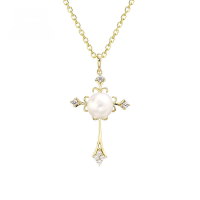 wholesale 9K Gold Minimalist Cross Natural Freshwater Pearl Pendant Necklace for Women Mother's Day Direct from Factory Wholesale-Natural Pearl + Zircon Cross Pendant 9K Gold