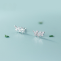 wholesale Sterling Silver Nature-Inspired Sweet Budding Branch Small Stud Earrings with Artistic Diamond Accents, Student Leaf Earrings G3433-0-1