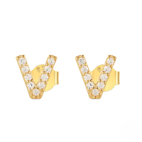 wholesale S925 Sterling Silver Geometric Stud Earrings With English Letters And Inlaid Zircons, Simple And Versatile-Golden V