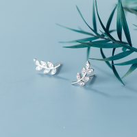 wholesale Sterling Silver Nature-Inspired Sweet Budding Branch Small Stud Earrings with Artistic Diamond Accents, Student Leaf Earrings G3433-S925 silver pair 925 silver