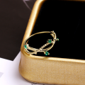 wholesale 9K Gold Artli Jewelry Korean-style Thorn Halo Green Zircon Ring, Fresh and Delicate Twining Flower Branch New Beginner Accessory-0-1