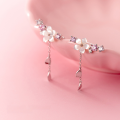 wholesale Sterling Silver Ear Hook Women's Korean Style Shell Flower Five-Petal Flower with Diamond Inlaid Heart Tassel Earrings Eardrop Jewelry G5389-0-2