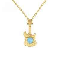 wholesale 9K Gold Musical Note Guitar Heart-Shaped Blue Opal Necklace Pendant, a Unique and Creative Gift-Artificial Blue Opal Guitar Pendant 9K