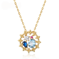 wholesale S925 Silver Plated 9K Gold Vintage Japanese Small Blue Spinel Floral Pendant Necklace, Midsummer Night's Dream-0-0