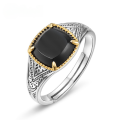 wholesale S925 silver two-tone electroplated vintage style natural black agate classical pattern seal ring for women, ins-0-0