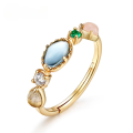 wholesale S925 Silver Gold-Plated, Korean and Japanese Light Luxury Rainbow Wish Stone Ring with Natural Labradorite and Forest Girl Style Color Zircon-0-0