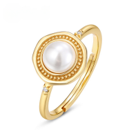wholesale S925 Silver Gold-Plated New Korean and Japanese Light Luxury Geometric White Dew Plastic Bead Ring for Women, Circular Ring Wholesale-Beads &gt; Opening adjustable