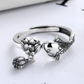 wholesale S925 Silver Cloud Tide Pavilion Retro Ethnic Koi Lotus Tassel Adjustable Ring for Women, Couple-0-1