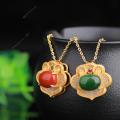 wholesale 925 Silver Gold-Plated Antique Style Pendant Necklace with Auspicious Gold Lock Inlaid with Nanhong Agate, Hetian Jade, and Jasper-0-1