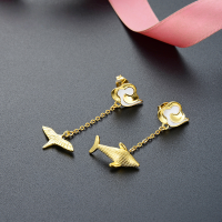 wholesale Gold-Plated S925 Silver Drop Oil Whale Long Ear Studs Japanese Korean Style Creative Asymmetric Bird Earrings-Gold earrings with plastic earplugs  925 silver