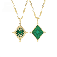 wholesale 9K gold artistic hollow floral pattern chrysoprase rhombus pendant women's versatile necklace collarbone chain-Diamond-Shaped Chrysoprase Pendant 9K