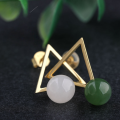 wholesale Metal: 925 Silver Gold Plated Manufacturer Direct Supply Minimalist Geometric Earrings with Certificate, 8mm Jasper Beads Asymmetric Triangle Earrings-0-5
