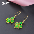wholesale S925 Silver Korean Fashion Long Minimalist Leaf Earrings for Women, Simple Gold Color Drip Enamel Ear Studs-0-0