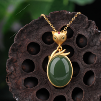 wholesale Metal Material First: 925 Silver Gold Plated with Certificate, New Chinese Ancient Style Ling Fox Inlaid with Hetian Jasper Pendant Necklace-12*16 Jasper Pendant (without chain)  925 Silver