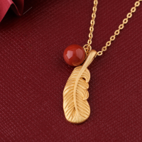 wholesale 925 silver gold-plated feather with inlaid southern red agate bead pendant,。-Pendant + Silver Chain 925 Silver