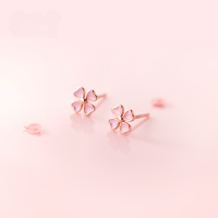 wholesale S925 Sterling Silver Ear Studs for Women, Korean-style Summer Sweet and Fresh Pink Four-leaf Small Flower Ear Accessories G7141-S925 silver pair silver model 925 silver