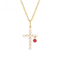 wholesale 9K Gold Japanese and Korean Light Luxury Jewelry Natural Pearl Cross Ruby Lucky Bag Pendant Creative Necklace Simple and Elegant-Pearl + Ruby Lucky Bag Pendant 9K