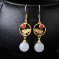 wholesale 925 Silver Xinyi Chinese Light Luxury Palace Retro Style Jade Earrings with Certificate, Featuring Auspicious Clouds, Beads, and Hetian Jade Ear Drops-0-6